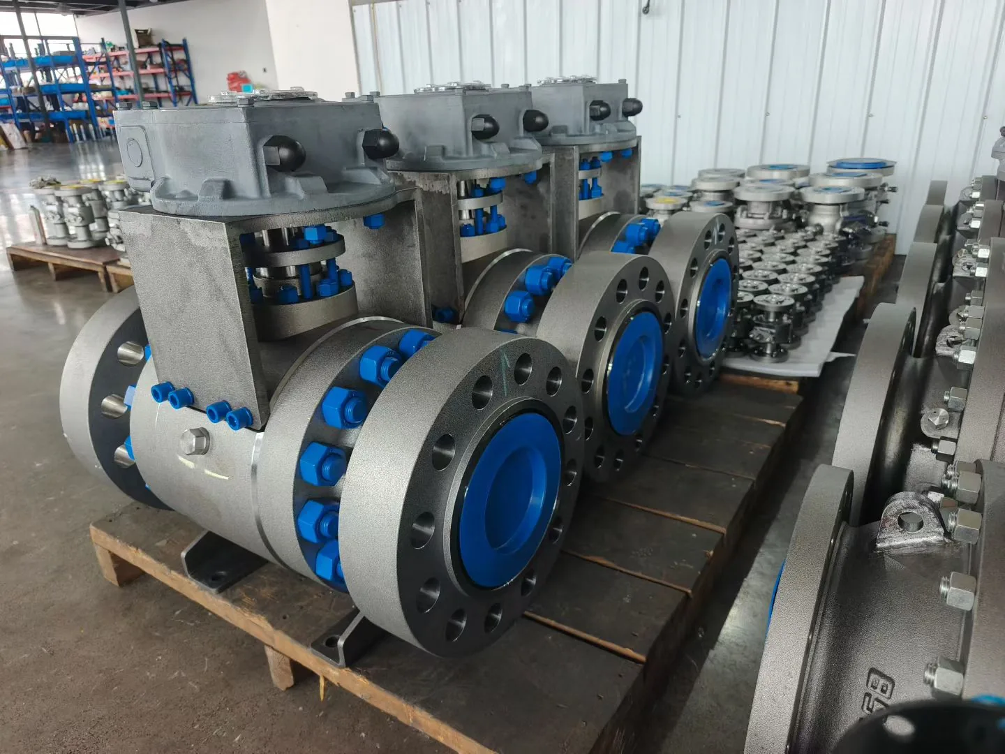 Batch of trunnion ball valves staged together.